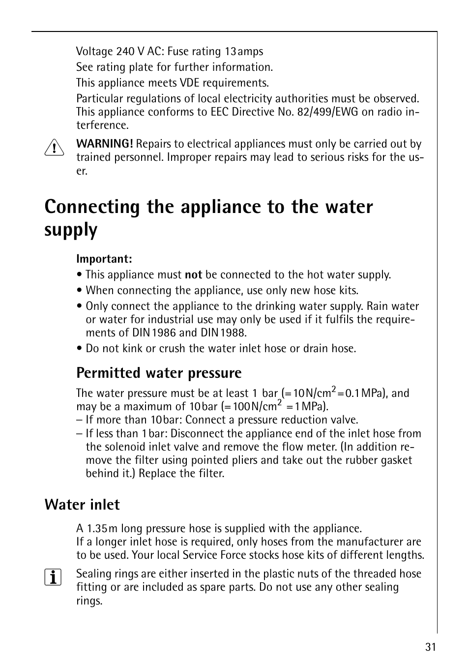 Connecting the appliance to the water supply, Permitted water pressure, Water inlet | Electrolux LAVAMAT 76820 User Manual | Page 31 / 36