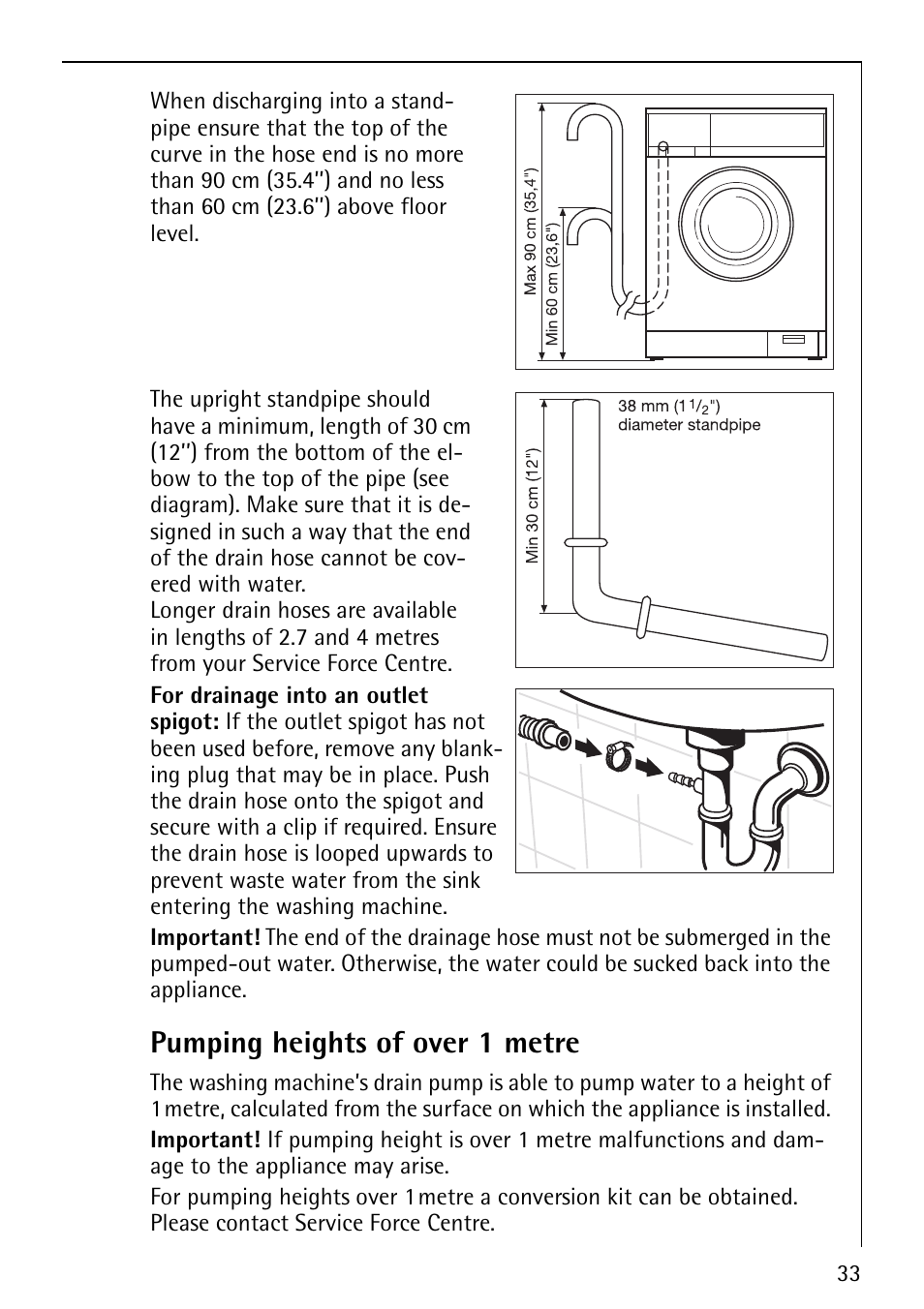 Pumping heights of over 1 metre | Electrolux LAVAMAT 76820 User Manual | Page 33 / 36