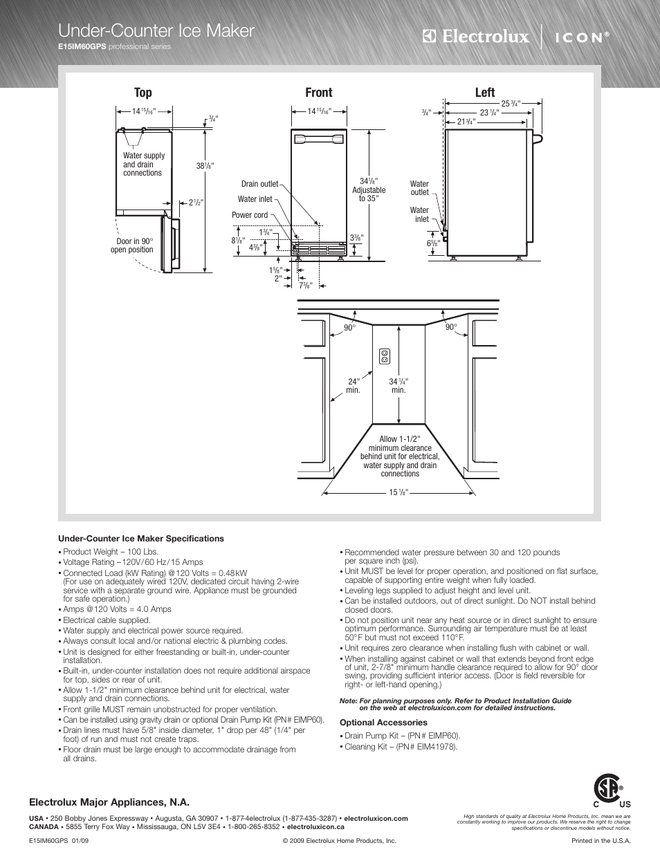 Under-counter ice maker, Front, Left | Electrolux major appliances, n.a | Electrolux E15IM60GPS User Manual | Page 2 / 2
