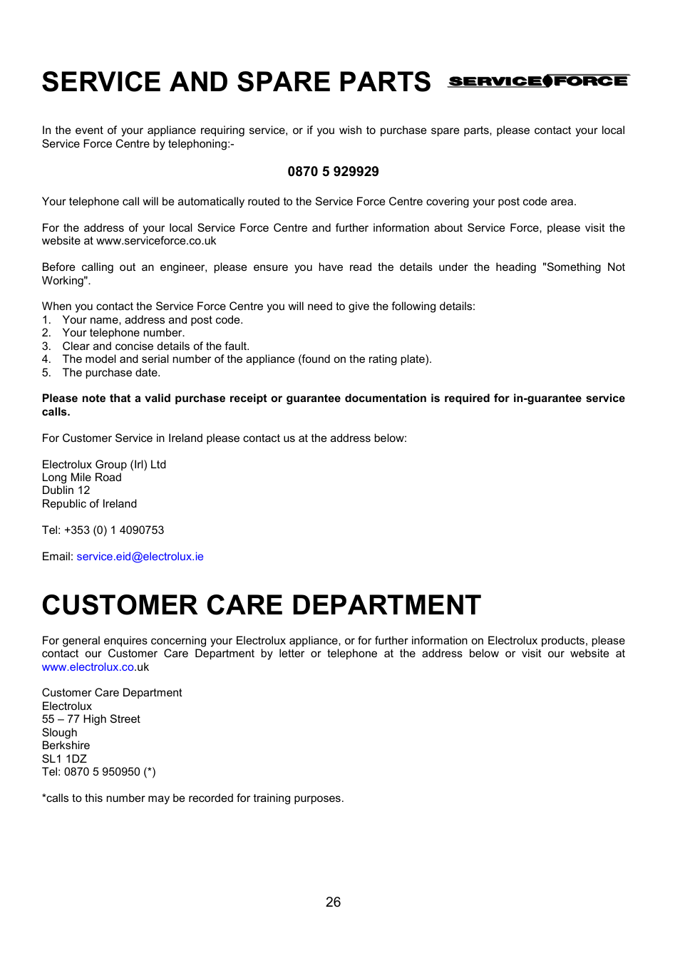 Service and spare parts, Customer care department | Electrolux EOD5310 User Manual | Page 26 / 28