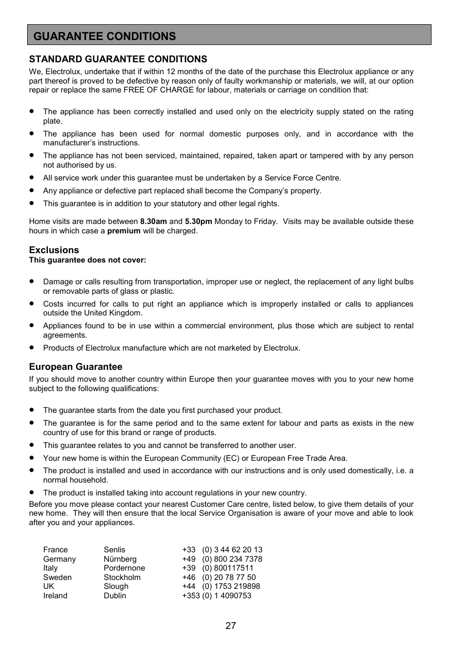 Guarantee conditions | Electrolux EOD5310 User Manual | Page 27 / 28