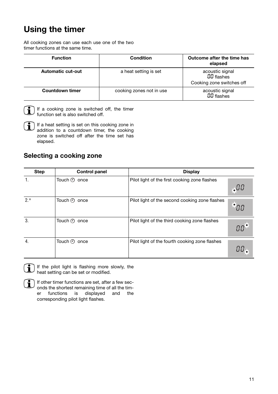 Using the timer, Selecting a cooking zone | Electrolux EHD6671P User Manual | Page 11 / 28