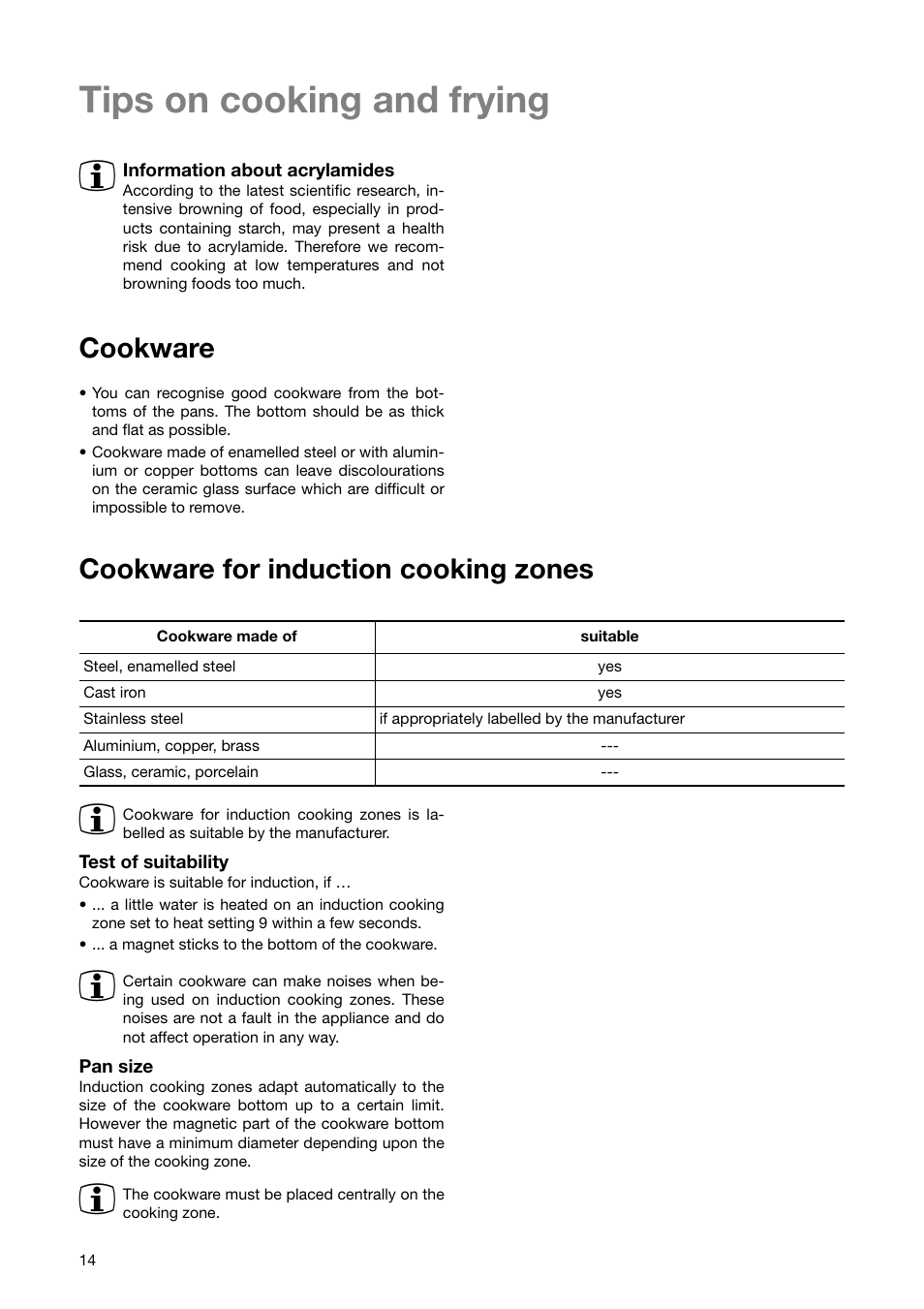 Tips on cooking and frying 3, Cookware, Cookware for induction cooking zones | Electrolux EHD6671P User Manual | Page 14 / 28