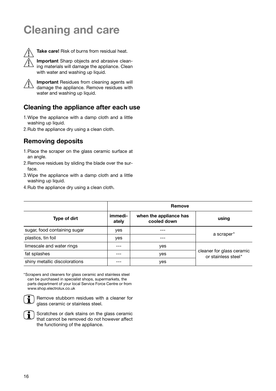 Cleaning and care 1, Cleaning the appliance after each use, Removing deposits | Electrolux EHD6671P User Manual | Page 16 / 28