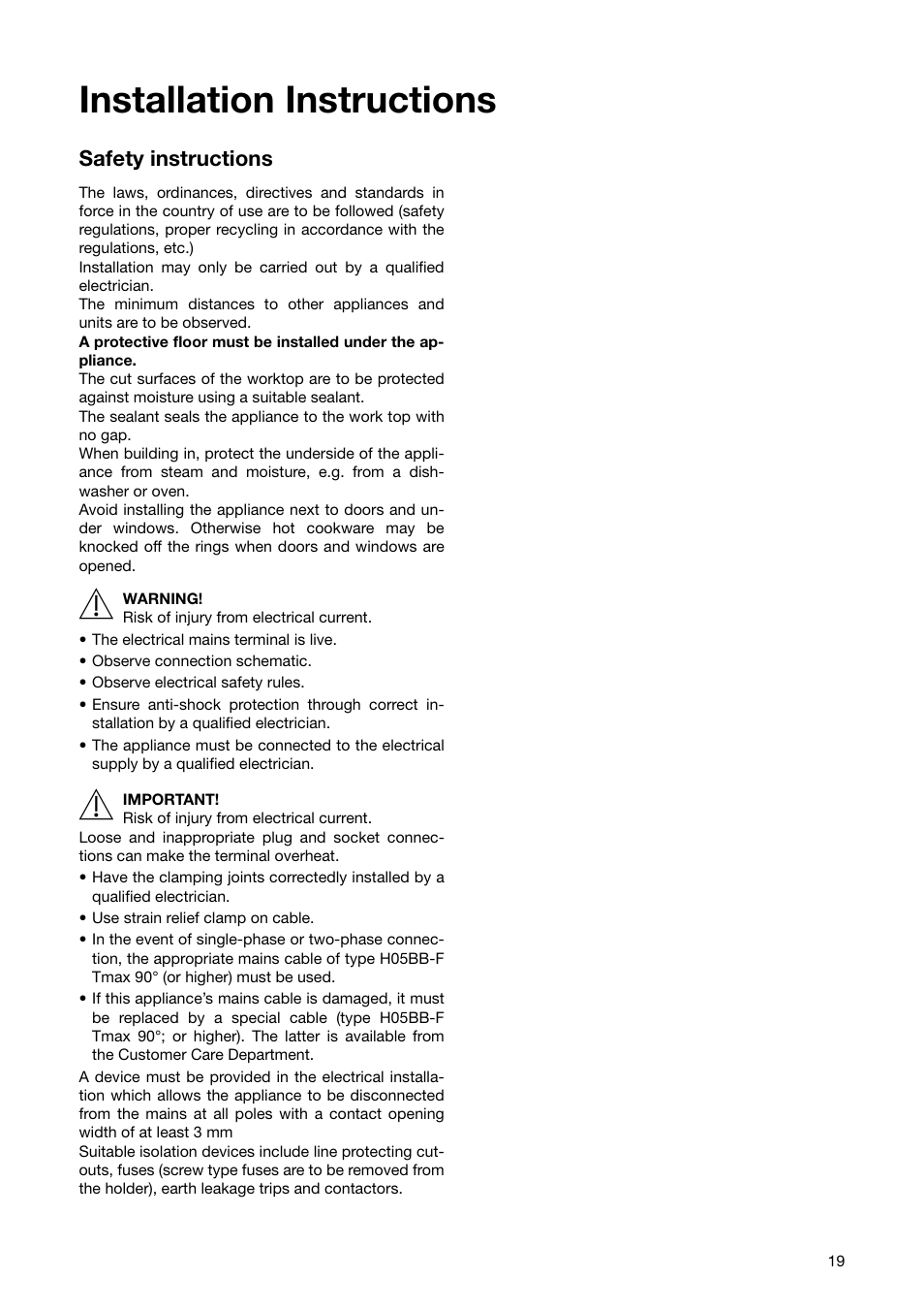 Installation instructions, Safety instructions | Electrolux EHD6671P User Manual | Page 19 / 28