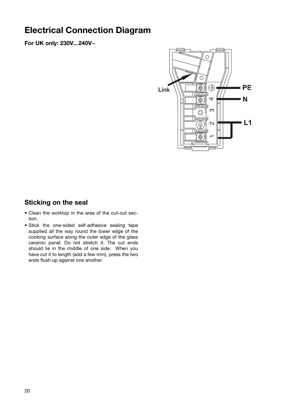 Electrical connection diagram, Sticking on the seal | Electrolux EHD6671P User Manual | Page 20 / 28