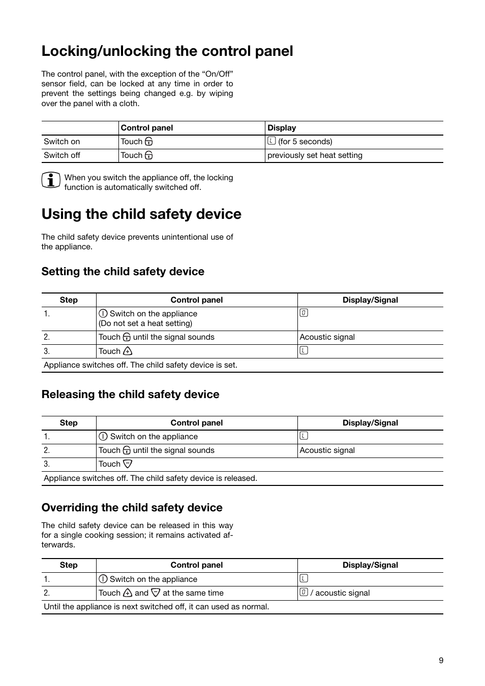 Locking/unlocking the control panel, Using the child safety device, Setting the child safety device | Releasing the child safety device, Overriding the child safety device | Electrolux EHD6671P User Manual | Page 9 / 28