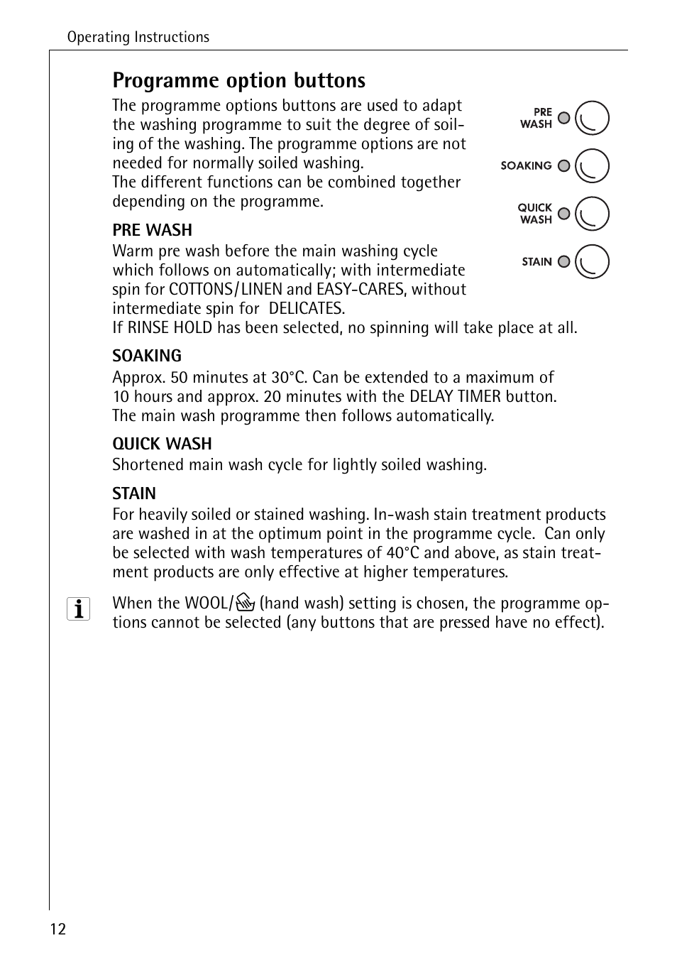 Programme option buttons | Electrolux 76640 User Manual | Page 12 / 56