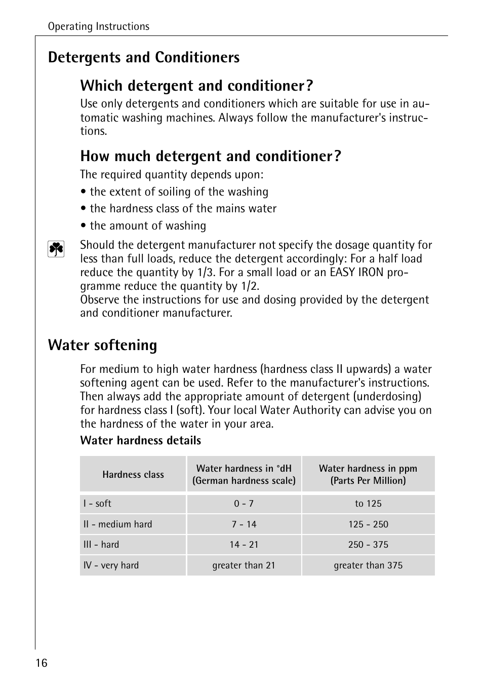 How much detergent and conditioner, Water softening | Electrolux 76640 User Manual | Page 16 / 56