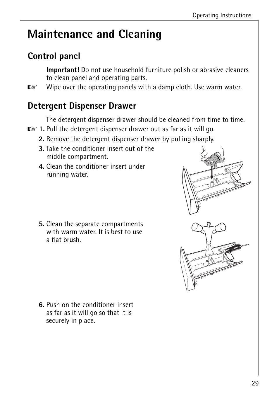 Maintenance and cleaning, Control panel, Detergent dispenser drawer | Electrolux 76640 User Manual | Page 29 / 56