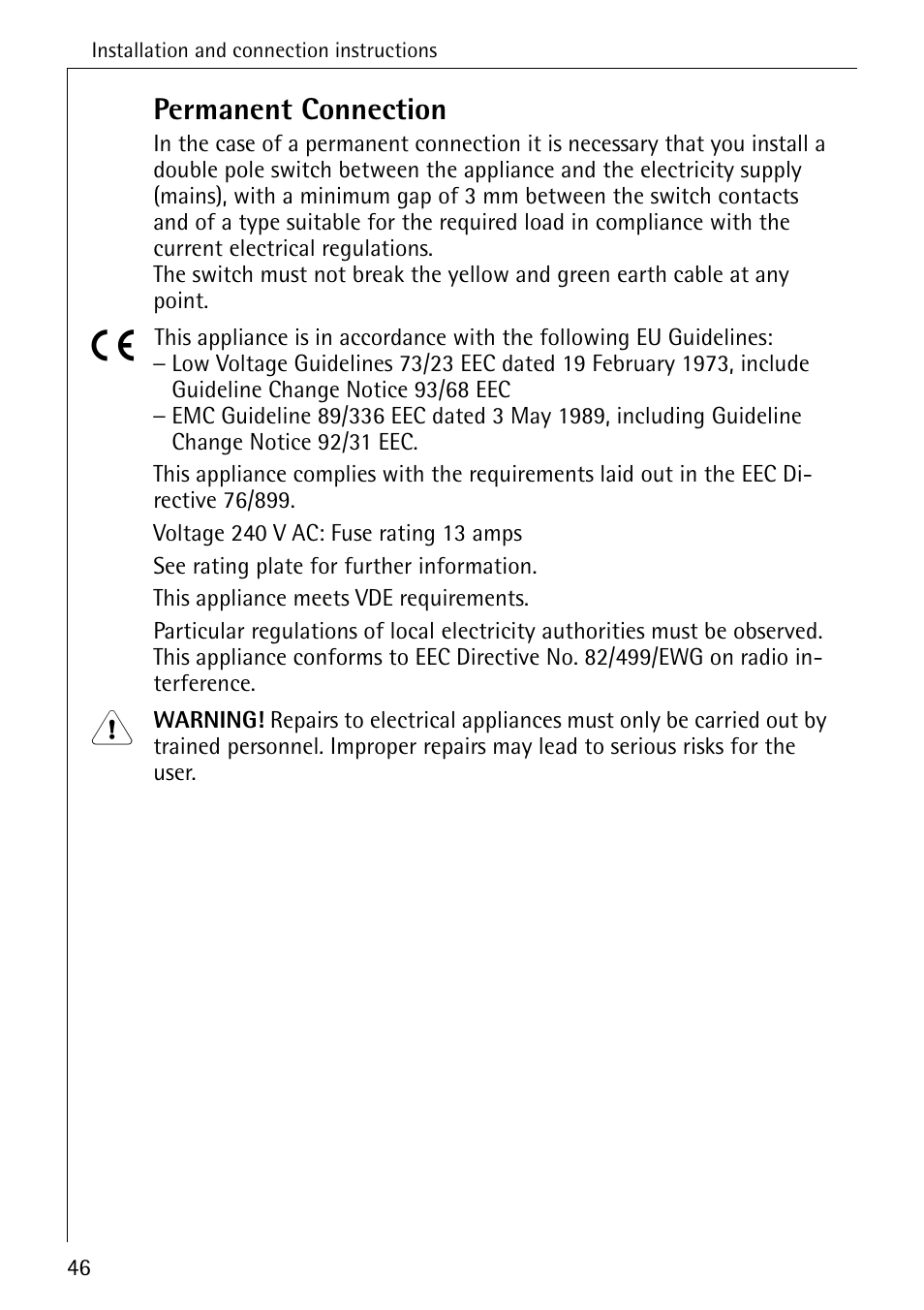 Permanent connection | Electrolux 76640 User Manual | Page 46 / 56