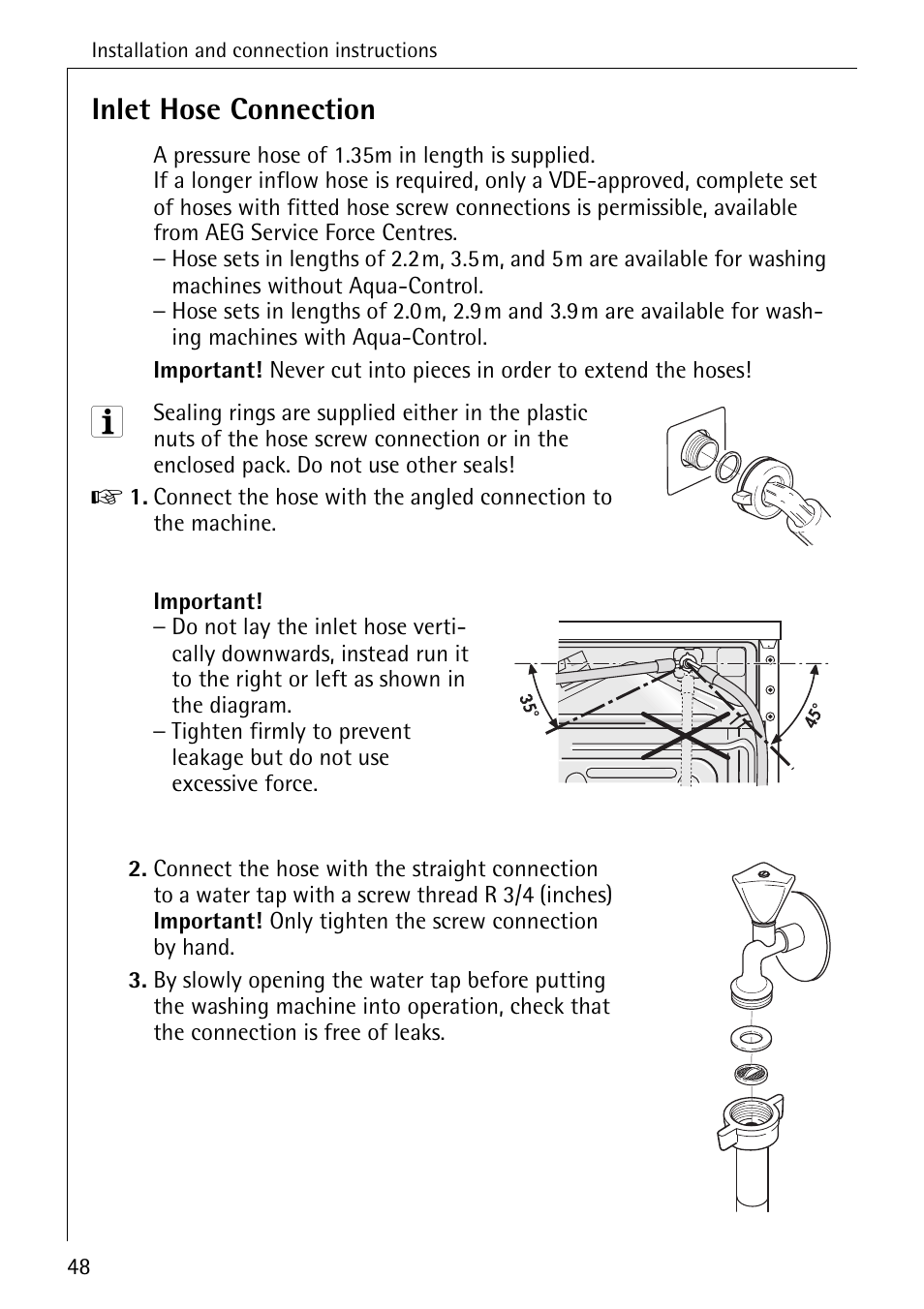 Inlet hose connection | Electrolux 76640 User Manual | Page 48 / 56