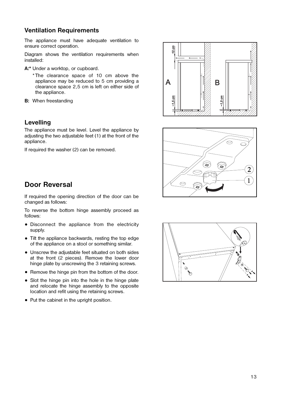 Door reversal, Ventilation requirements, Levelling | Electrolux ER 6642 T User Manual | Page 13 / 20