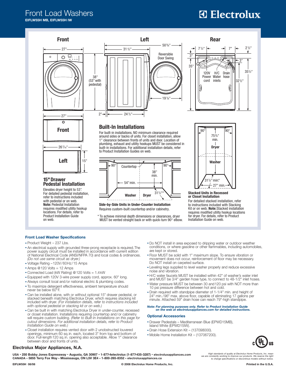 Front load washers, Left, Front | Rear, Built-in installations, 15" drawer pedestal installation | Electrolux EIFLW55HMB User Manual | Page 2 / 2