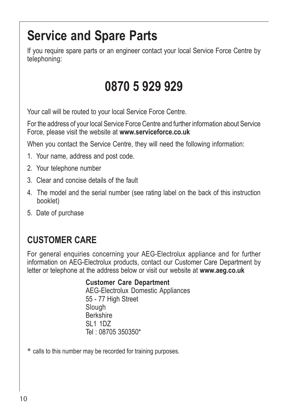 Service and spare parts, Customer care | Electrolux U30130 21602 G User Manual | Page 10 / 28
