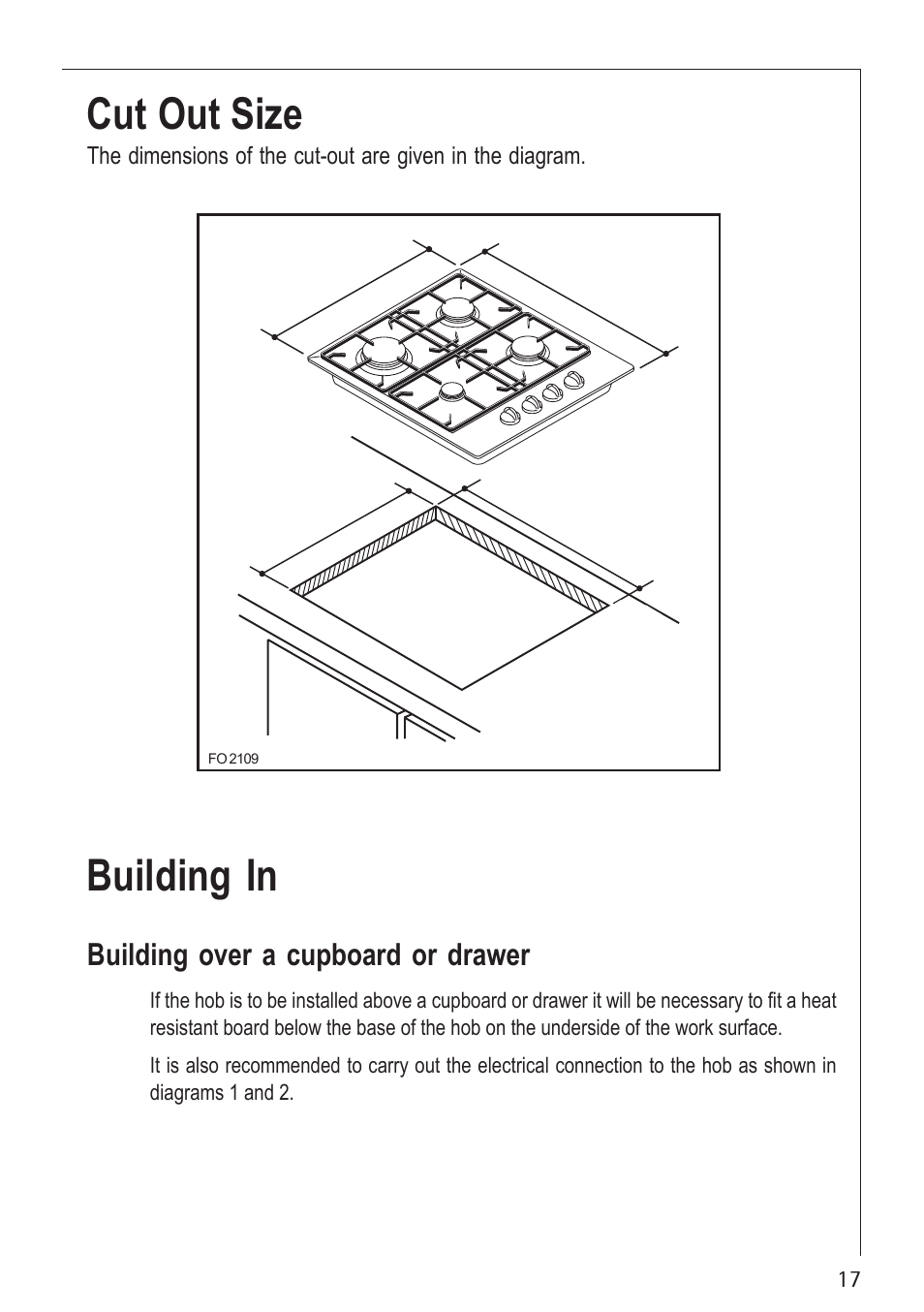 Cut out size, Building in, Building over a cupboard or drawer | Electrolux U30130 21602 G User Manual | Page 17 / 28