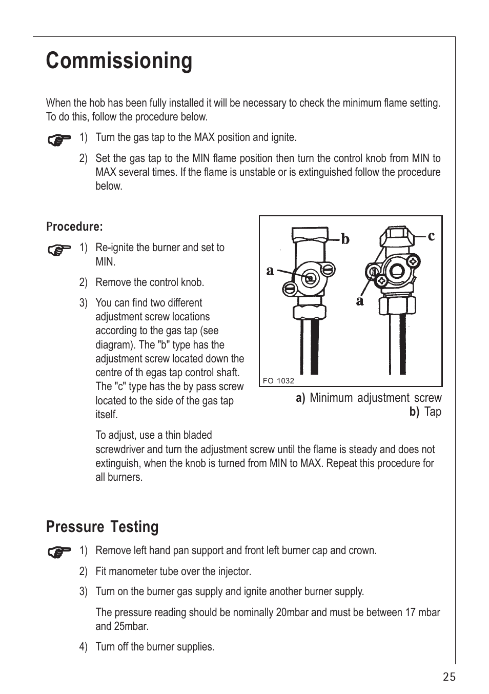 Commissioning, Pressure testing | Electrolux U30130 21602 G User Manual | Page 25 / 28