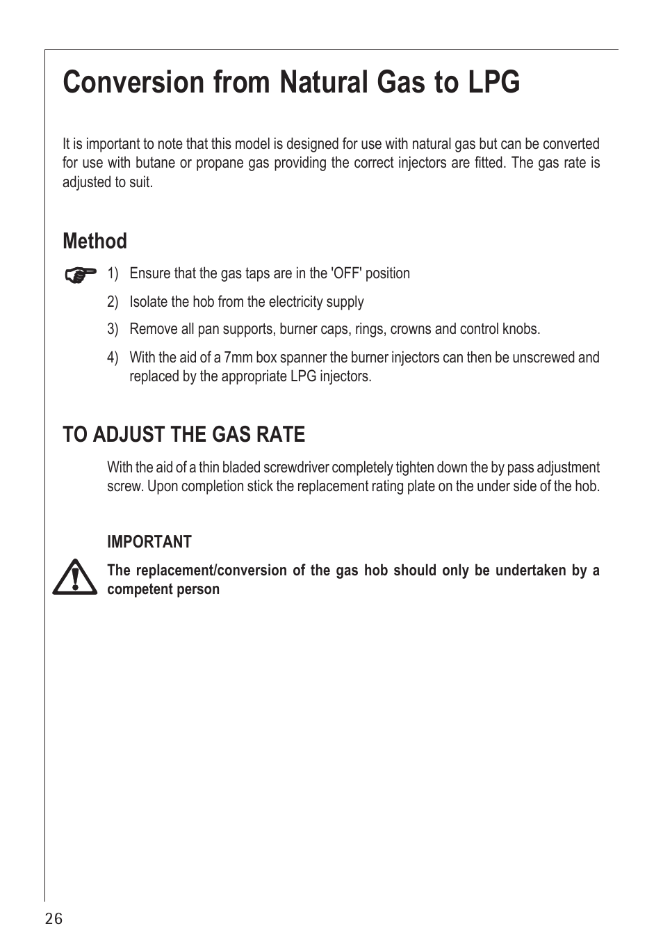 Conversion from natural gas to lpg, Method | Electrolux U30130 21602 G User Manual | Page 26 / 28