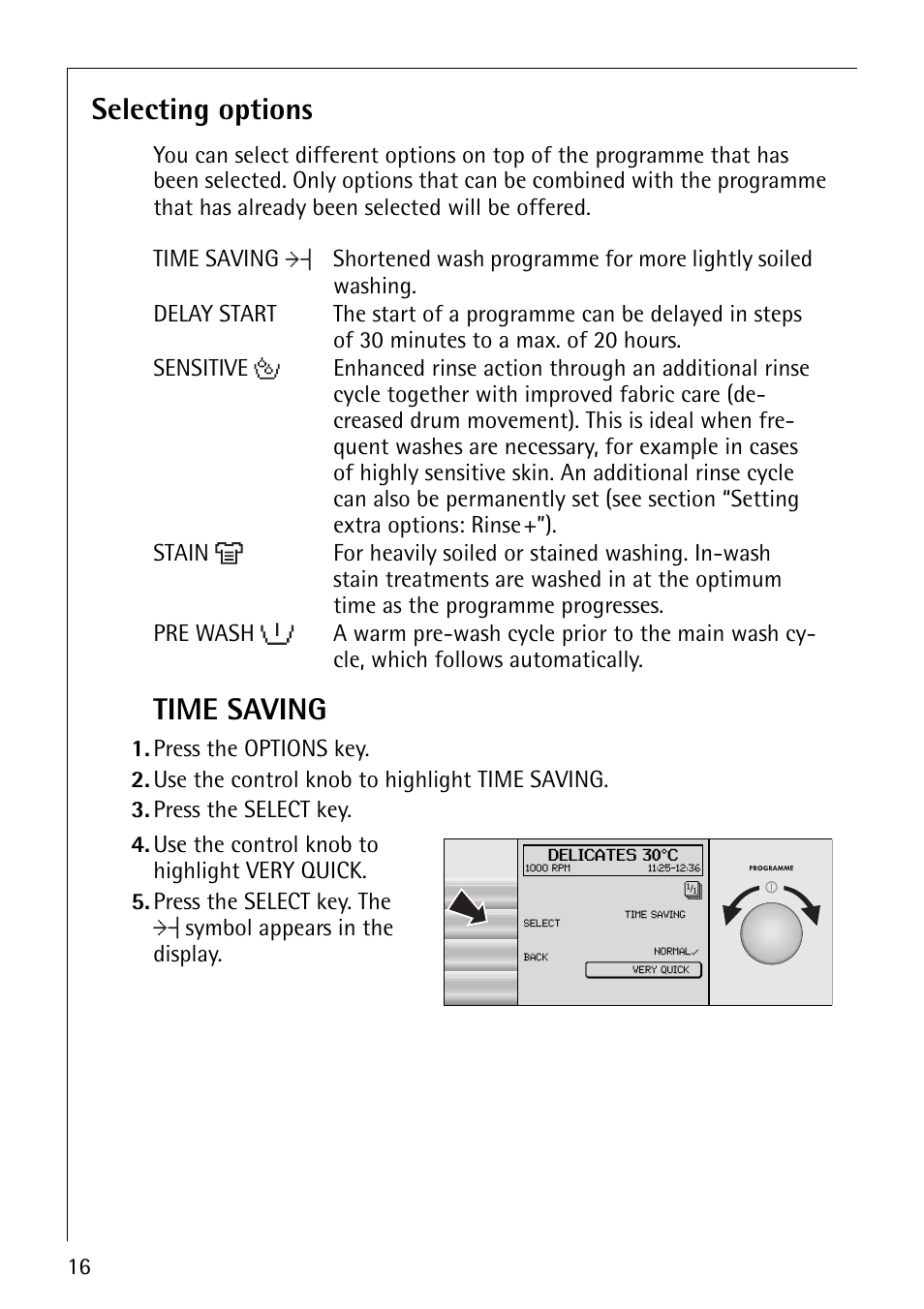 Selecting options, Time saving | Electrolux LAVAMAT 1610 User Manual | Page 16 / 48