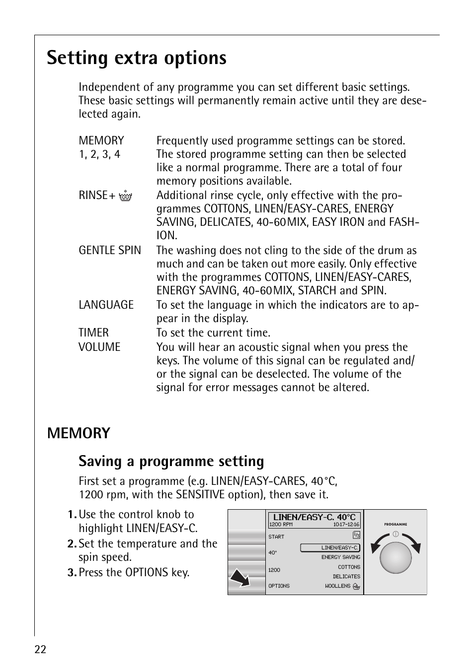 Setting extra options | Electrolux LAVAMAT 1610 User Manual | Page 22 / 48