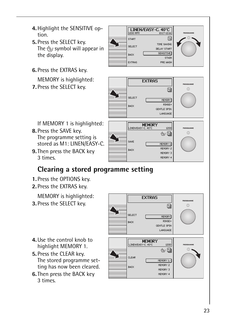 Clearing a stored programme setting, Press the options key. 2. press the extras key | Electrolux LAVAMAT 1610 User Manual | Page 23 / 48