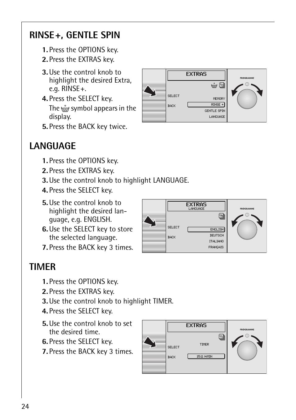 Rinse+, gentle spin, Language, Timer | Press the options key. 2. press the extras key | Electrolux LAVAMAT 1610 User Manual | Page 24 / 48