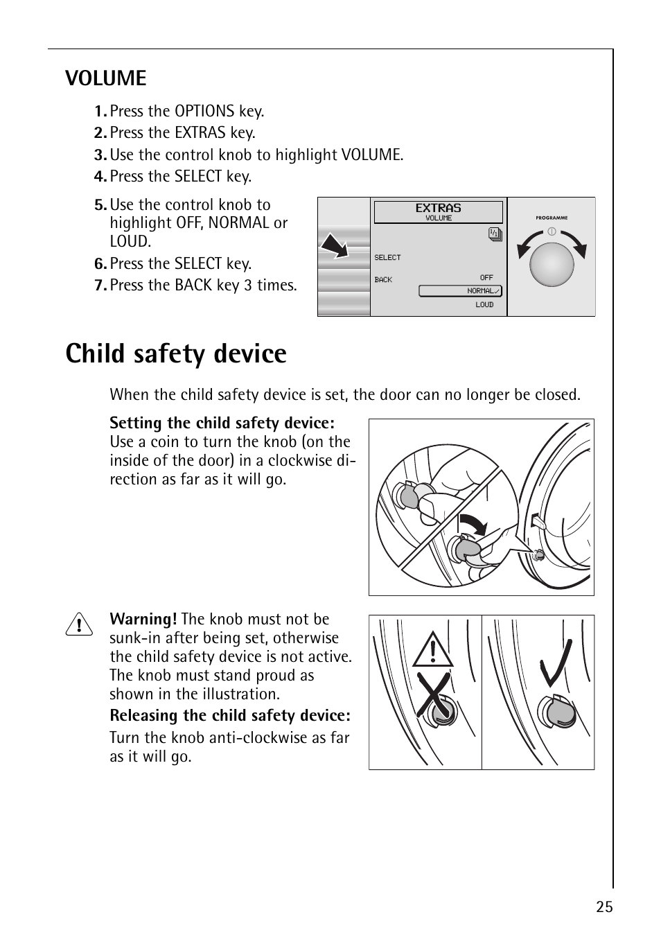 Child safety device, Volume | Electrolux LAVAMAT 1610 User Manual | Page 25 / 48
