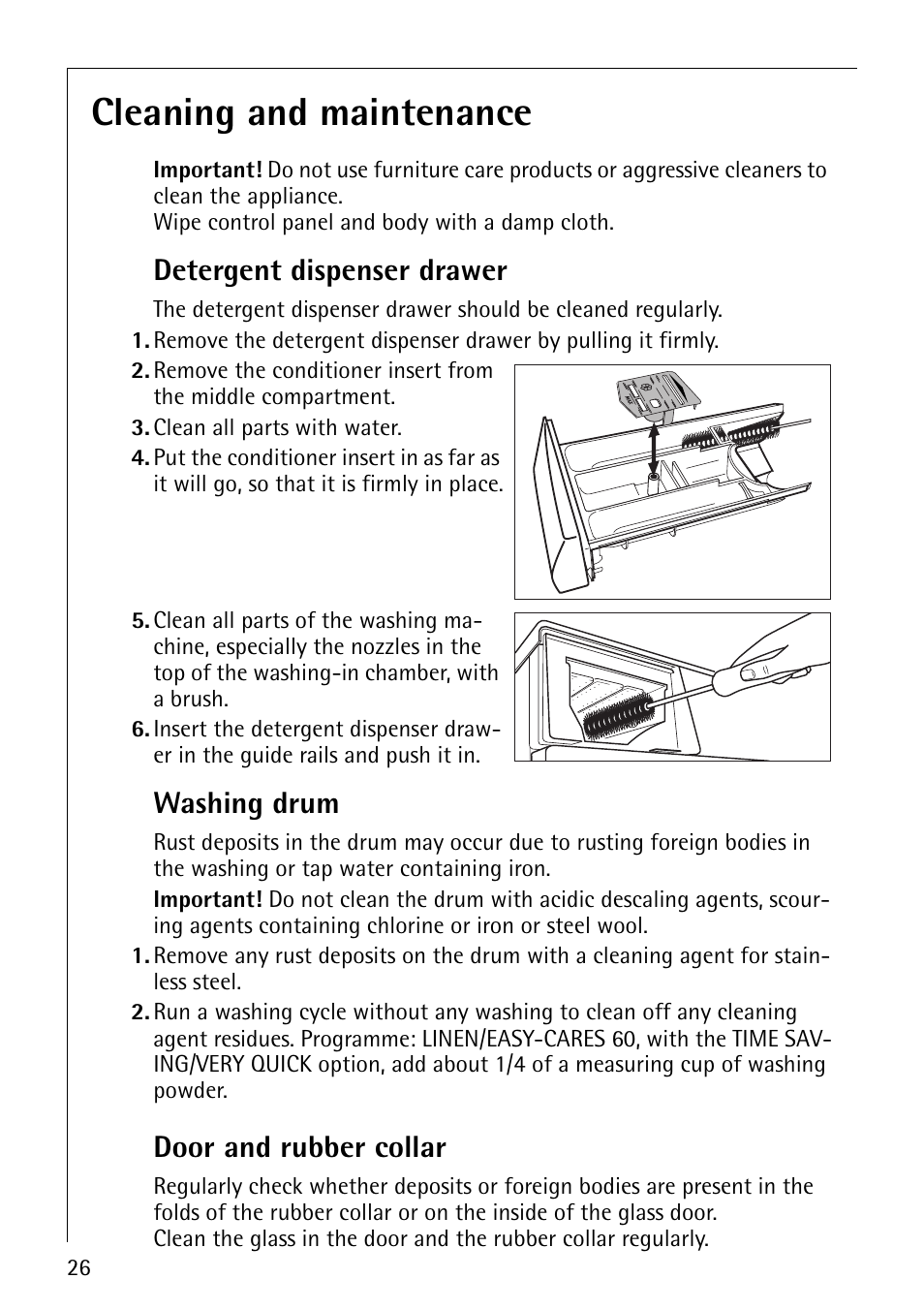 Cleaning and maintenance, Detergent dispenser drawer, Washing drum | Door and rubber collar | Electrolux LAVAMAT 1610 User Manual | Page 26 / 48