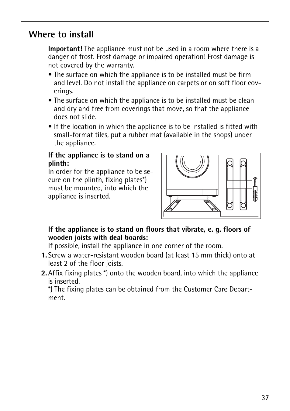 Where to install | Electrolux LAVAMAT 1610 User Manual | Page 37 / 48