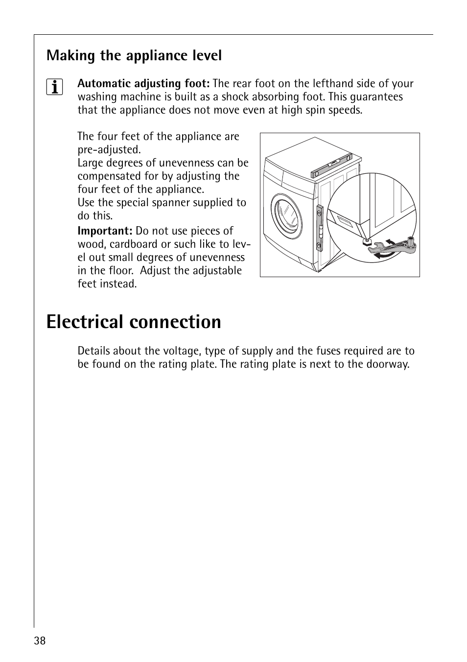 Electrical connection | Electrolux LAVAMAT 1610 User Manual | Page 38 / 48