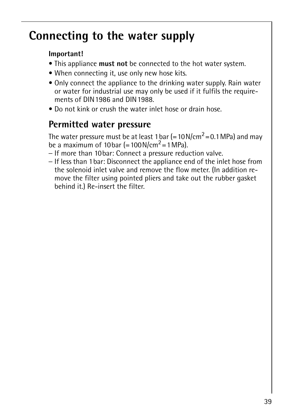 Connecting to the water supply, Permitted water pressure | Electrolux LAVAMAT 1610 User Manual | Page 39 / 48
