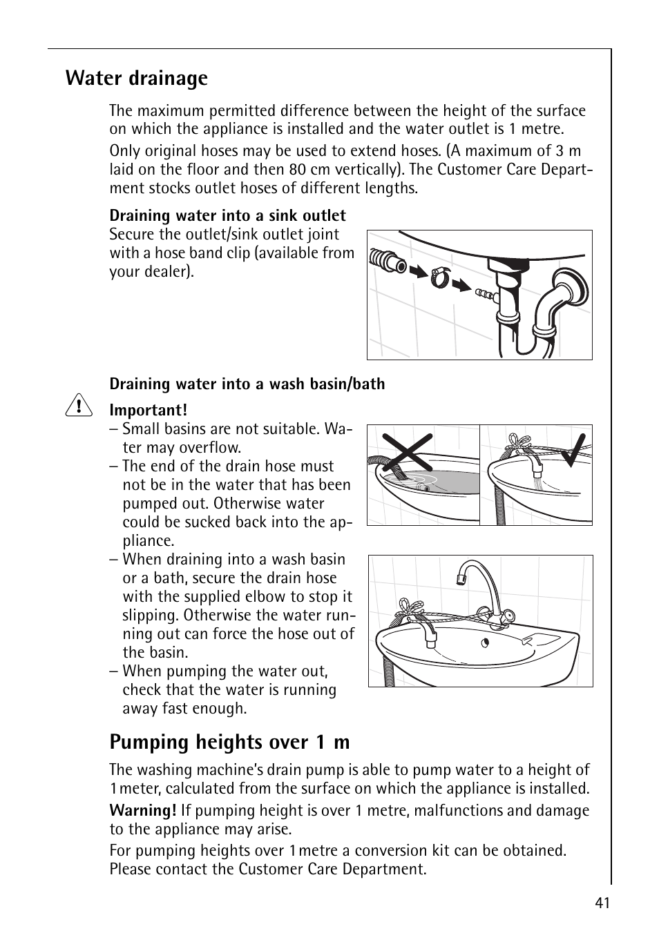 Water drainage, Pumping heights over 1 m | Electrolux LAVAMAT 1610 User Manual | Page 41 / 48