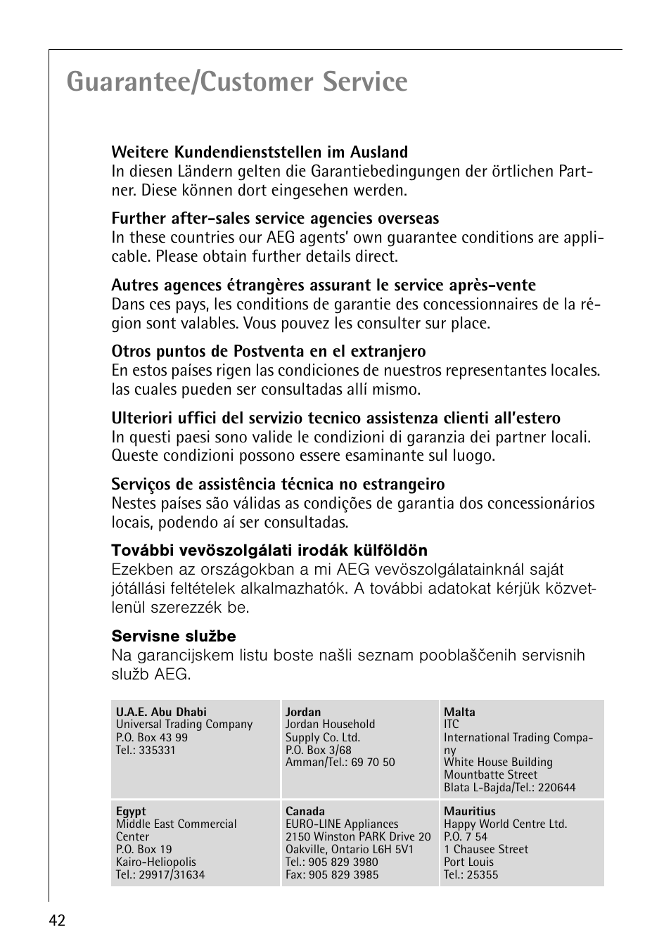 Guarantee/customer service | Electrolux LAVAMAT 1610 User Manual | Page 42 / 48