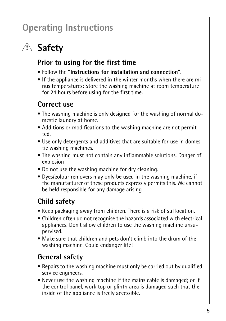 Operating instructions 1 safety, Prior to using for the first time, Correct use | Child safety, General safety | Electrolux LAVAMAT 1610 User Manual | Page 5 / 48
