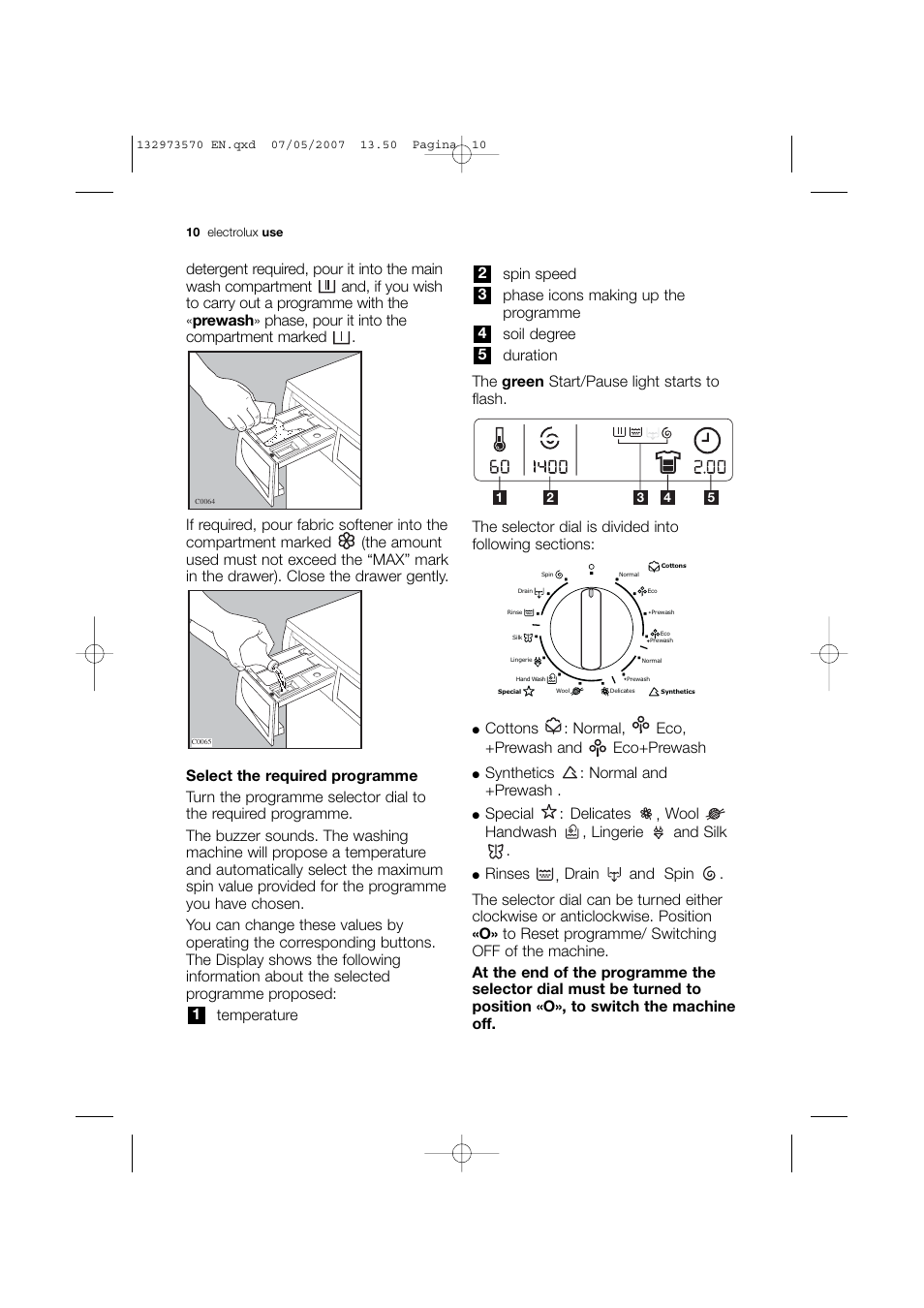 Cottons : normal, eco, +prewash and eco+prewash, Synthetics : normal and +prewash | Electrolux EWG 14740 W User Manual | Page 10 / 48