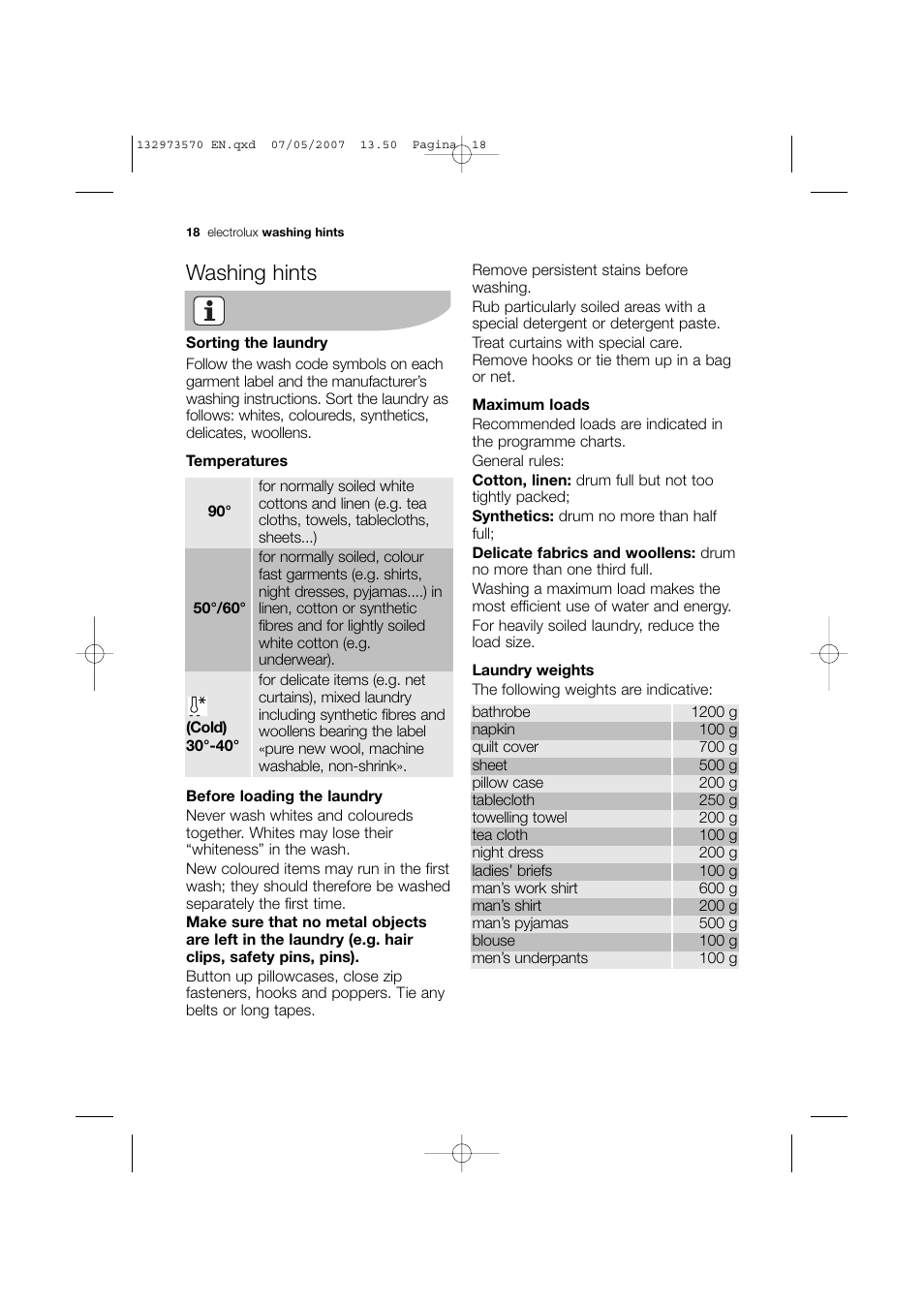 Washing hints | Electrolux EWG 14740 W User Manual | Page 18 / 48