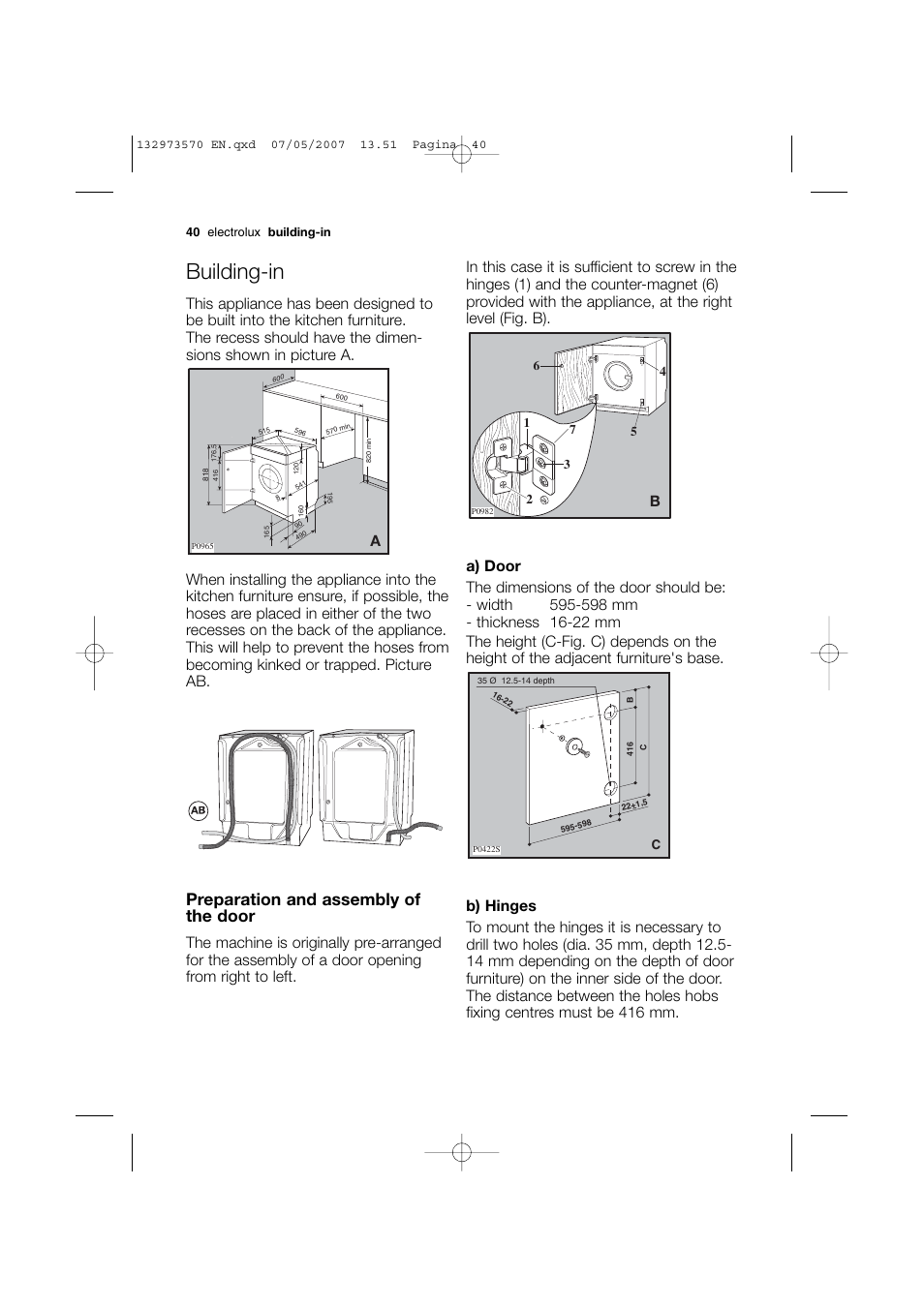 Building-in, Preparation and assembly of the door | Electrolux EWG 14740 W User Manual | Page 40 / 48