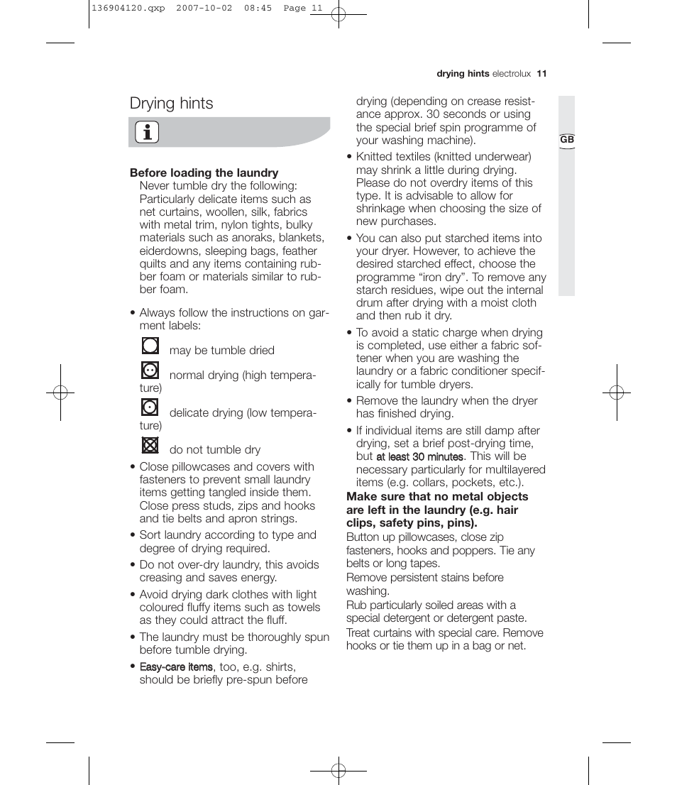 Drying hints | Electrolux EDE 36150W User Manual | Page 11 / 25