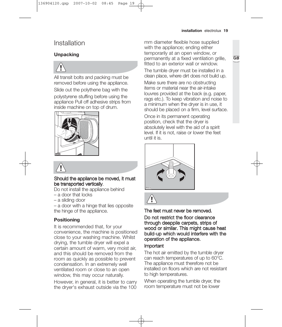 Installation | Electrolux EDE 36150W User Manual | Page 19 / 25