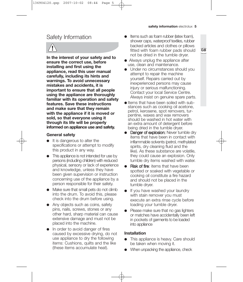 Safety information | Electrolux EDE 36150W User Manual | Page 5 / 25