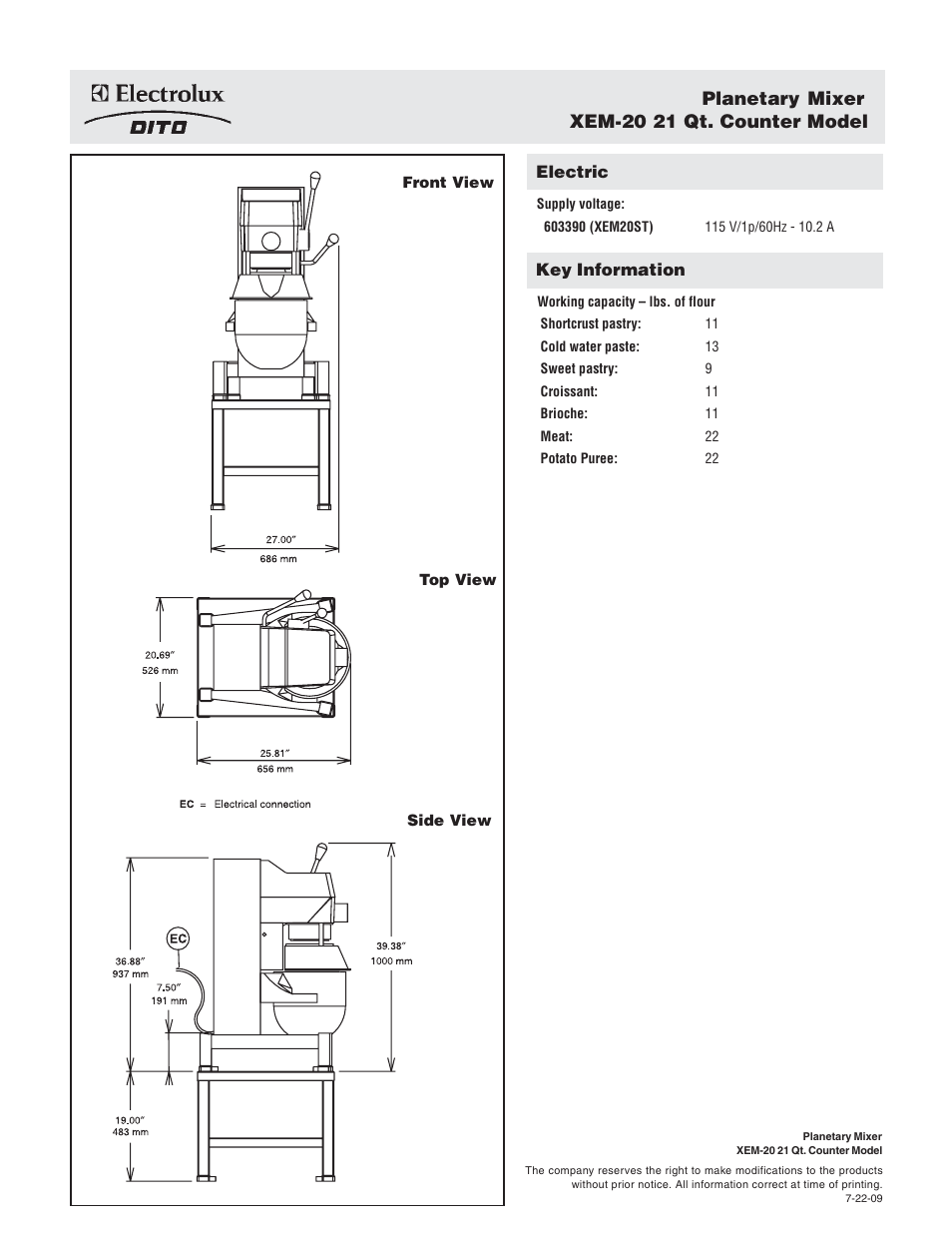 Planetary mixer xem-20 21 qt. counter model | Electrolux Dito XEM20ST User Manual | Page 2 / 2