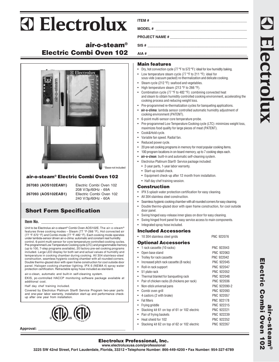 Electrolux Air-O-Steam AOS102EAM1 User Manual | 2 pages