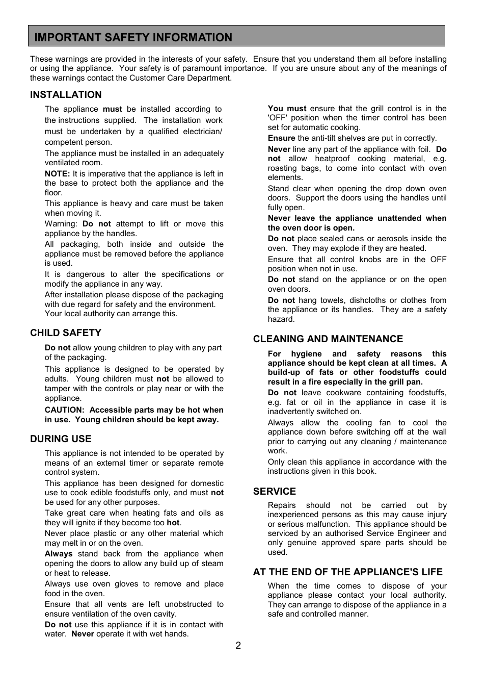 Important safety information | Electrolux U25187 FDO 900 User Manual | Page 2 / 40
