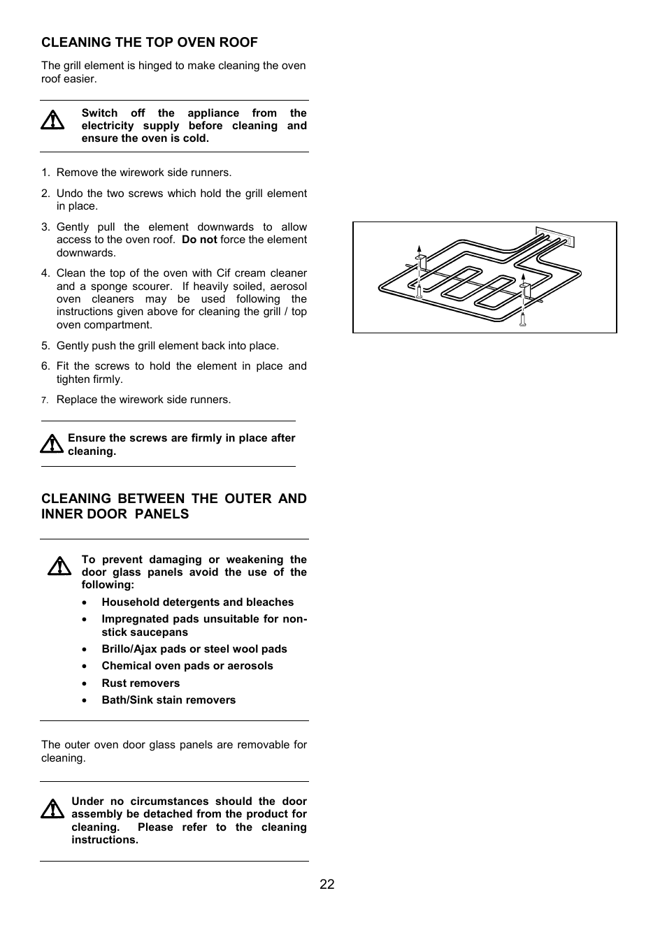 22 cleaning the top oven roof, Cleaning between the outer and inner door panels | Electrolux U25187 FDO 900 User Manual | Page 22 / 40