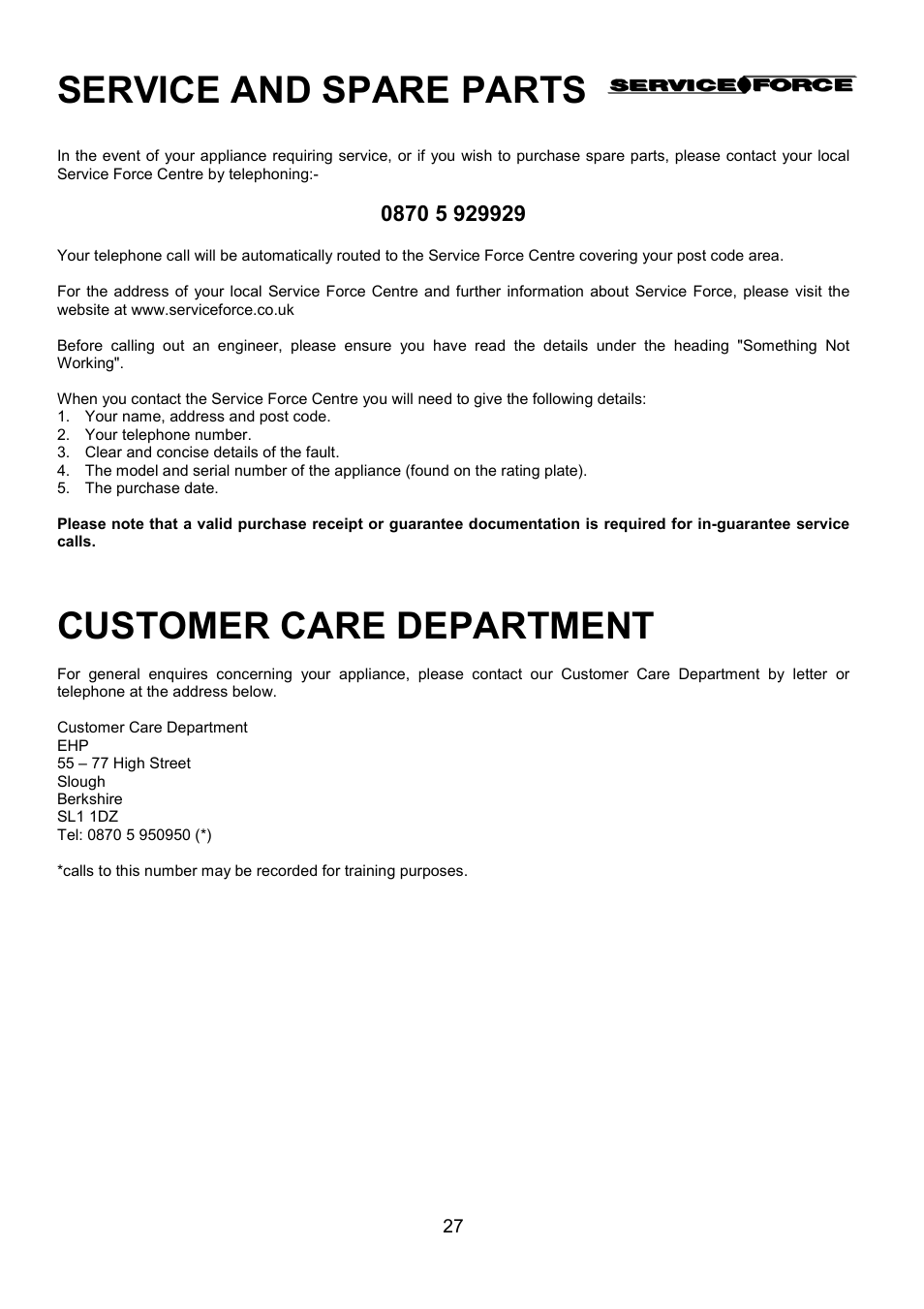 Service and spare parts, Customer care department | Electrolux U25187 FDO 900 User Manual | Page 27 / 40