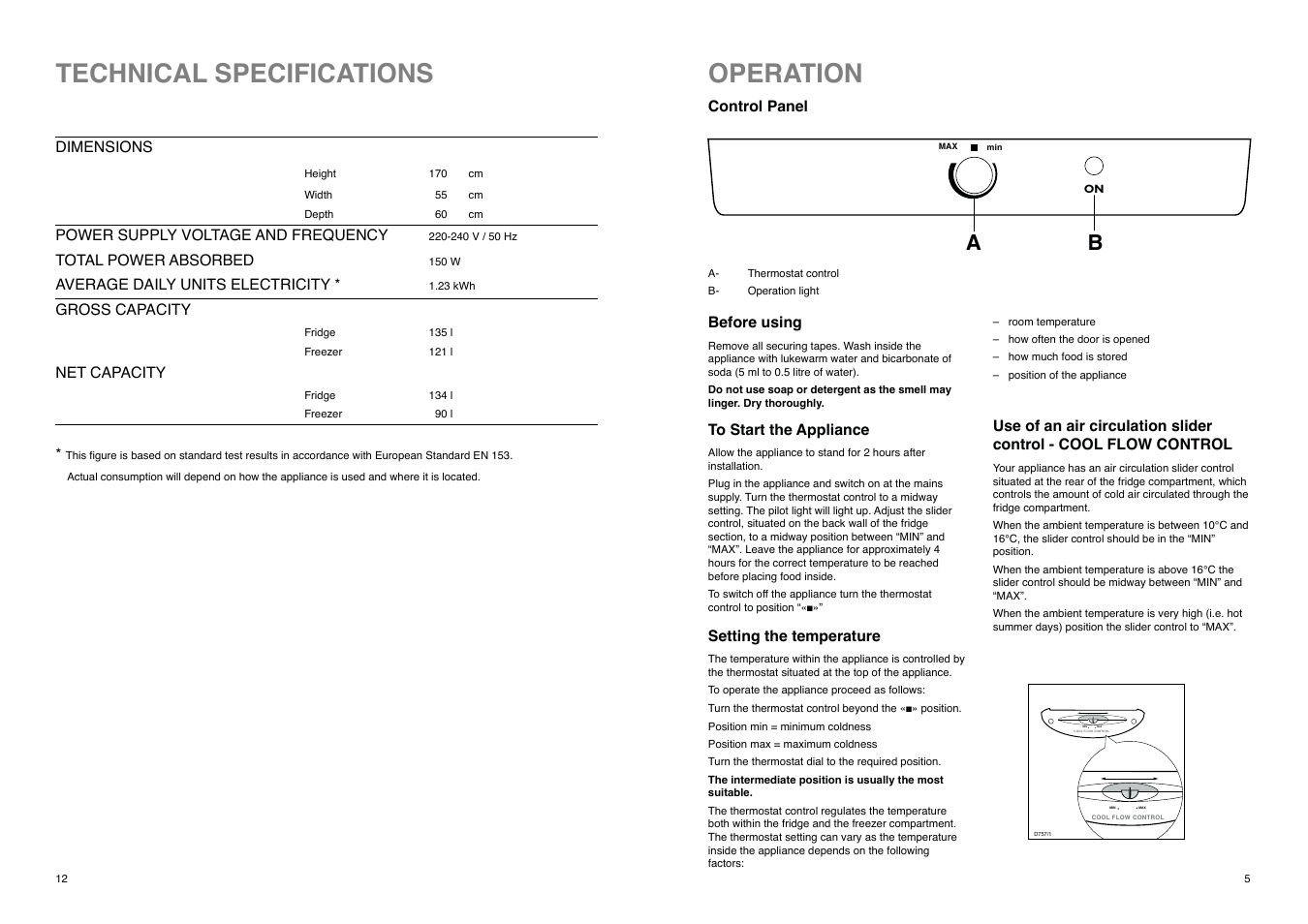 Operation, Technical specifications, Min max | Electrolux ER 3625 B User Manual | Page 12 / 16