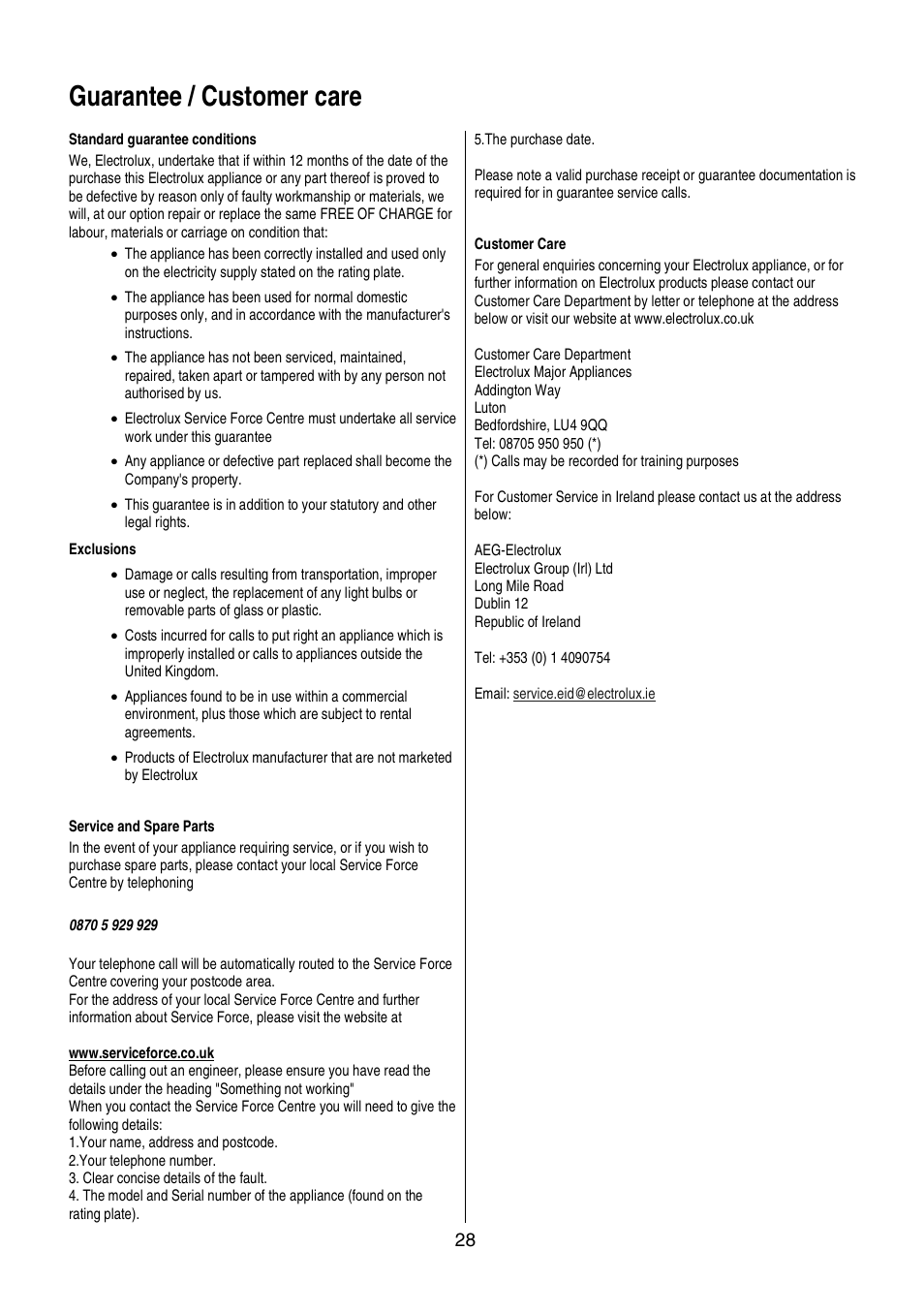 Guarantee / customer care | Electrolux EKC6046 User Manual | Page 28 / 40