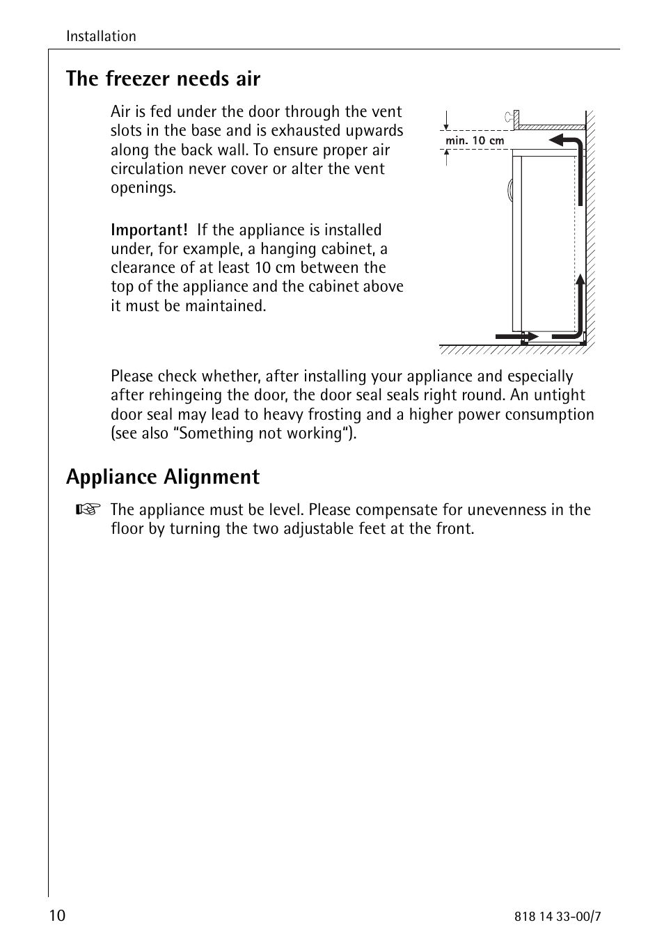 The freezer needs air, Appliance alignment | Electrolux 2170-4 User Manual | Page 10 / 32