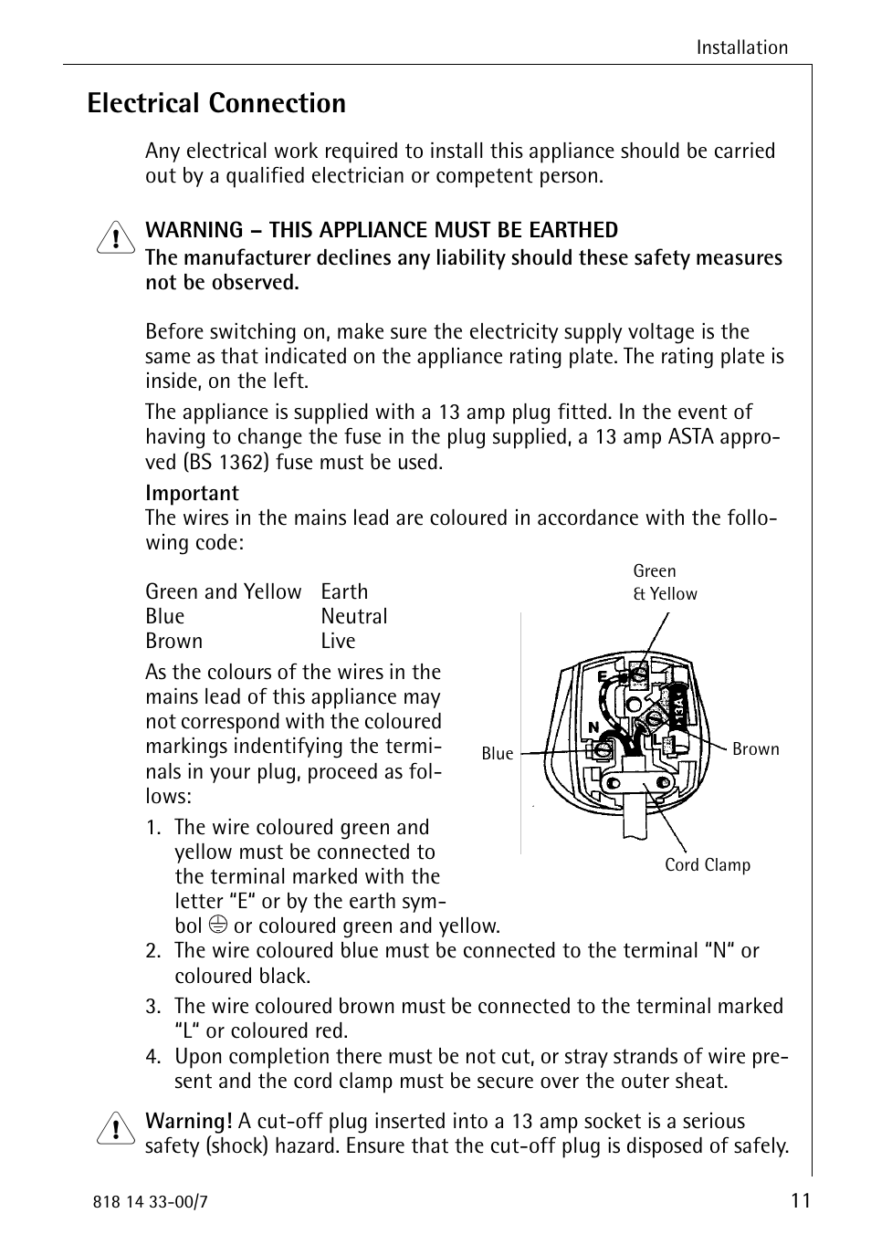 Electrical connection | Electrolux 2170-4 User Manual | Page 11 / 32