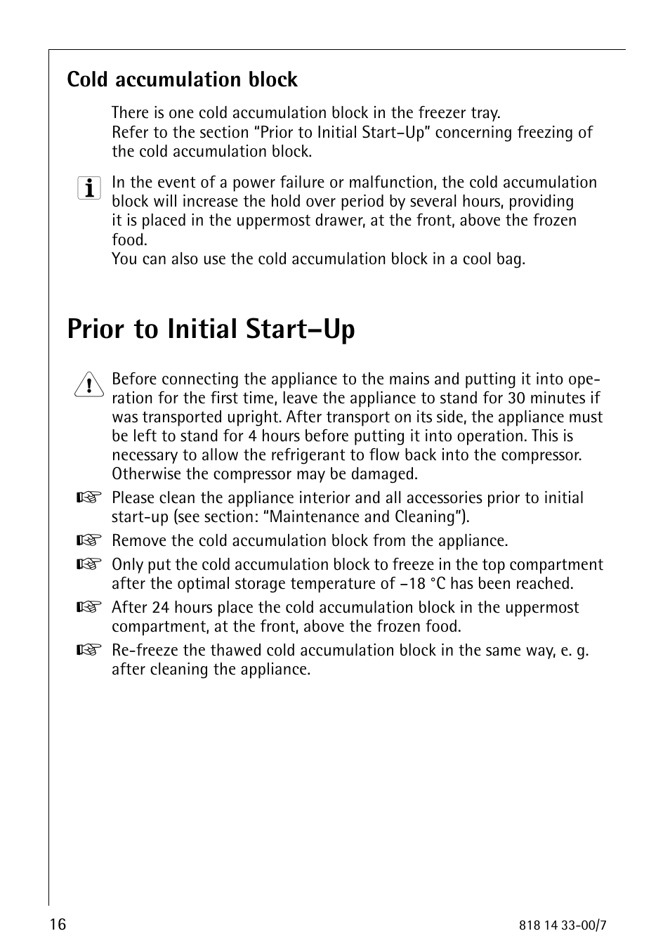 Prior to initial start–up, Cold accumulation block | Electrolux 2170-4 User Manual | Page 16 / 32